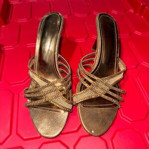 Bronze Rhinestone Strappy Mule Heels Size 8 / EU 39 Evening Sandals